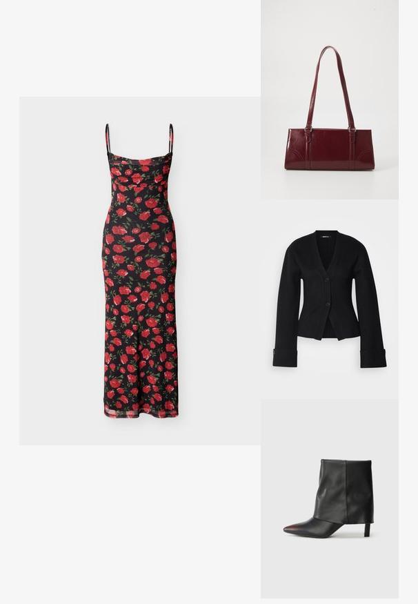Schwarzer Cardigan mit tiefem V-Ausschnitt, zwei Knöpfen und weiten Ärmeln. Der Stoff wirkt glatt, mit einer figurbetonten Passform und taillierten Bündchen.; Schwarzes langes Slip-Kleid mit rotem Rosendruck, dünnen Spaghettiträgern und gerafftem Ausschnitt.; Schwarzer Knöchelstiefel aus glattem Leder mit spitzer Zehenpartie und schmalem Absatz. Das Obermaterial zeichnet sich durch ein leicht gerafftes Design aus.; Burgunderfarbene Handtasche aus glänzendem Material, rechteckige Form, mit zwei Schulterriemen und subtilen, geschwungenen Akzenten an der Vorderseite.