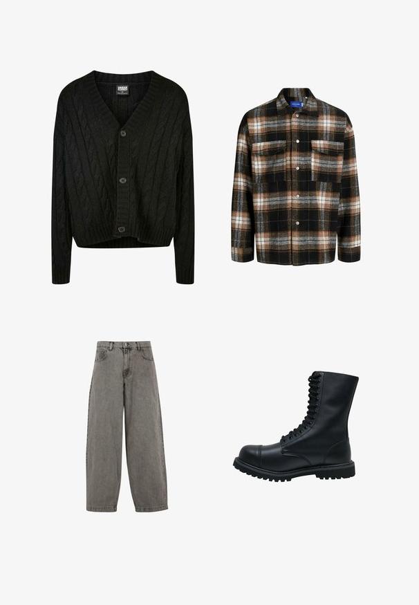 Schwarze Kabelstrick-Cardigan mit V-Ausschnitt, langen Ärmeln und fünf braunen Knöpfen auf der Vorderseite. Mit Rippdetails und einem verkürzten Saum.; Karierte Hemd in einer Mischung aus Schwarz, Weiß und Braun. Es hat zwei Brusttaschen, einen kragen und metallische Druckknöpfe.; Graue Jeanshose mit hoher Taille, weitem Bein, klassischem Fünf-Taschen-Design und Knopfverschluss vorne. Leicht strukturierte Oberfläche.; Schwarze Leder Schnürstiefel mit runder Zehenkappe, hohem Schaft, dicker Gummisohle und texturierter Oberfläche. Enthält verstärkte Nähte entlang der Nähte.