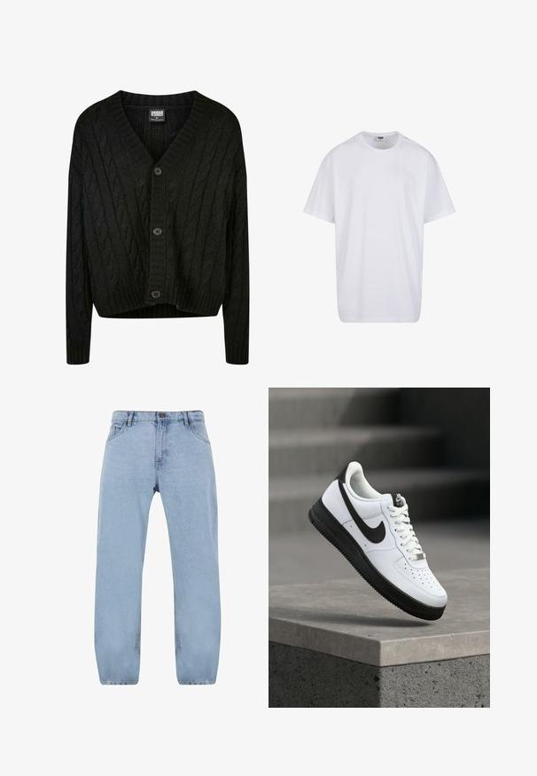 Zwarte kabelgebreide cardigan met een V-hals, lange mouwen en vijf bruine knopen aan de voorkant. Heeft geribbelde accenten en een cropped zoom.; Effen witte katoenen T-shirt met korte mouwen, ronde hals en zichtbare maat- en merklabel aan de binnenkant van de kraag.; Lichtblauwe denim jeans met een recht model, voorzien van vier zakken, een ritssluiting en gouden stiksels.; Witte leren sneaker met zwarte accenten, afgeronde neus en geperforeerde details. Zwarte rubberen zool met een gestructureerd patroon en vetersluiting.