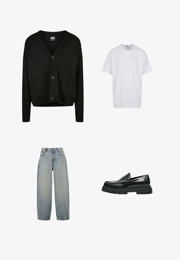 Zwarte kabelgebreide cardigan met een V-hals, lange mouwen en vijf bruine knopen aan de voorkant. Heeft geribbelde accenten en een cropped zoom.; Effen witte katoenen T-shirt met korte mouwen, ronde hals en zichtbare maat- en merklabel aan de binnenkant van de kraag.; Lichtblauwe denim jeans met een ontspannen pasvorm, voorzien van een hoge taille, wijde pijpen, een klassiek vijf-pocket ontwerp en metalen hardware accenten.; Zwarte leren loafer met dikke grof profielzool en pennybandje, zijaanzicht op witte achtergrond.