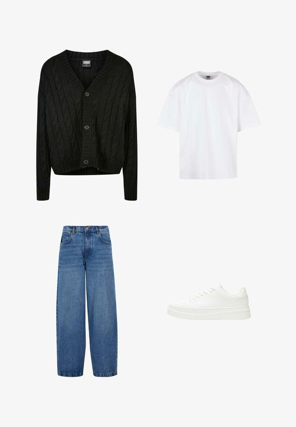 Sort kabelstrik cardigan med V-hals, lange ærmer og fem brune knapper foran. Har ribbede detaljer og en cropped kant.; Hvid kortærmet t-shirt med rund hals, lavet af bomuldsmateriale, der har en afslappet pasform og minimale syningsdetaljer.; Vida jeans i medium blå denim. Har en høj talje, klassisk fem-lomme design og subtil fading langs benene. Standard kant.; Hvid sneaker med en glat læderoverdel, flade snørebånd og en tyk gummisål. Minimalistisk design med diskret syning og glatte detaljer.