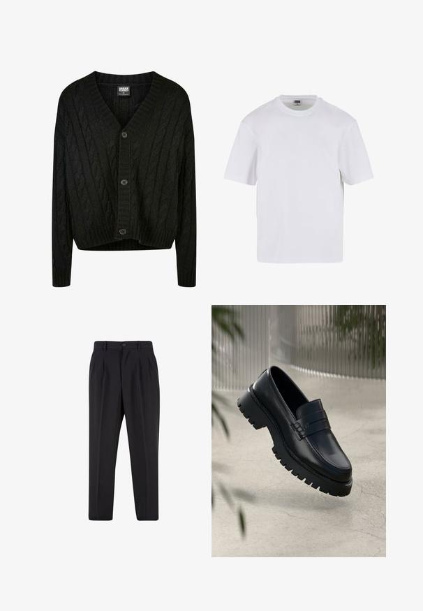 Zwarte kabelgebreide cardigan met een V-hals, lange mouwen en vijf bruine knopen aan de voorkant. Heeft geribbelde accenten en een cropped zoom.; Witte kraagloze t-shirt met korte mouwen, gemaakt van katoen. Heeft een ronde halslijn en een losse pasvorm. Soepele textuur, minimalistisch ontwerp, geen patronen of accenten.; Zwarte op maat gemaakte broek met voorplooien, riemlussen en een knoopsluiting in de taille.; Zwarte leren instappers met een chunky loopzool, voorzien van een decoratieve band en stikseldetails. Gladde textuur met een gepolijste afwerking.