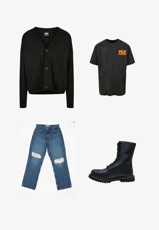 Cárdigan negro de punto trenzado con escote en V, mangas largas y cinco botones marrones en la parte frontal. Cuenta con acentos de canalé y un dobladillo corto.; Camiseta de algodón negra con un corte relajado, con diseño de manga corta y un gráfico retro de 'PULP FICTION' en naranja en el lado izquierdo del pecho.; Jeans de denim azul claro con un diseño de pierna recta, que presentan dos parches desgastados en las rodillas y un estilo estándar de cinco bolsillos.; Botín de cuero negro con cordones, punta redonda, caña alta, suela de goma gruesa y superficie texturizada. Presenta costuras reforzadas a lo largo de las uniones.