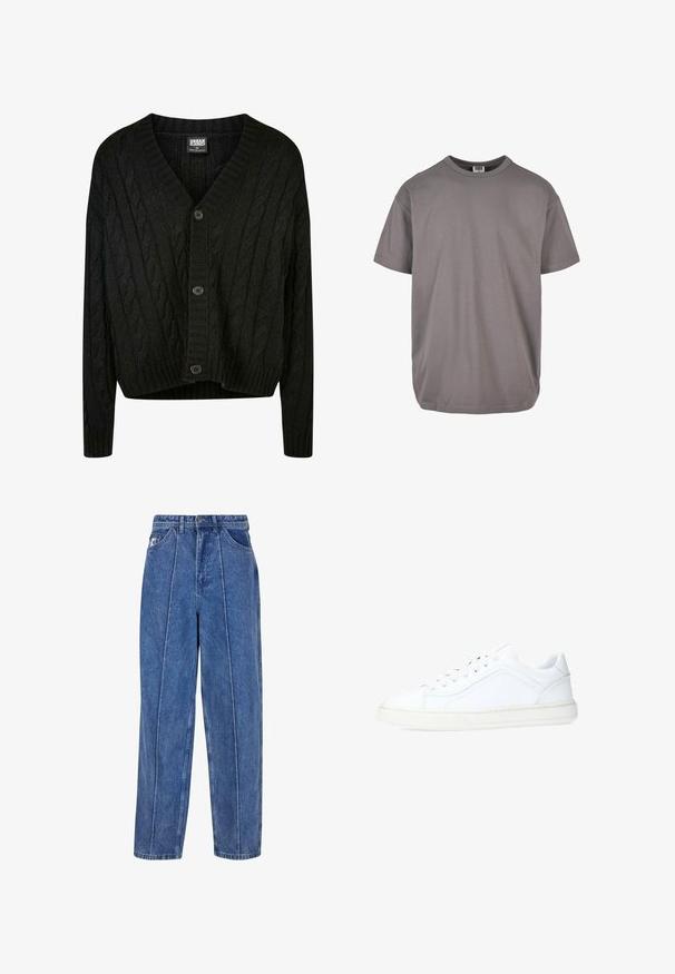 Zwarte kabelgebreide cardigan met een V-hals, lange mouwen en vijf bruine knopen aan de voorkant. Heeft geribbelde accenten en een cropped zoom.; Grijze katoen t-shirt met een ronde hals en korte mouwen. Heeft een relaxte pasvorm en een zachte textuur. Geen patronen of versieringen.; Blauwe denim spijkerbroek met een hoge taille, losse pasvorm en verticale witte stikseldetails. Voorzien van voorzakken en een merkpatch.; Witte sneaker van glad leer, met een laag ontwerp, ronde neus, platte rubberen zool en zes vetersluitingen.