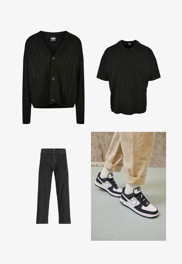 Sort kabelstrik cardigan med V-hals, lange ærmer og fem brune knapper foran. Har ribbede detaljer og en cropped kant.; Sort kortærmet skjorte lavet af bomuld, med en henley-halsudskæring med to knapper og sænket skuldersøm.; Sorte denim jeans med lige ben-design, som har lynlås, bæltestropper og seks lommer, lavet af et robust bomuldsblandingsstof.; Sorte og hvide Nike Air Force 1 sneakers med læderoverdel, perforeret tå og tekstureret såldetalje, båret med rullede beige bukser og hvide sokker.