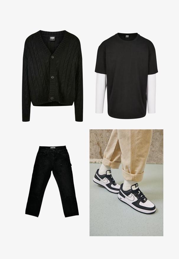 Schwarze Kabelstrick-Cardigan mit V-Ausschnitt, langen Ärmeln und fünf braunen Knöpfen auf der Vorderseite. Mit Rippdetails und einem verkürzten Saum.; Schwarzes T-Shirt mit kurzen Ärmeln, darunter mit einer weißen Langarm-Schicht. Aus Baumwolle gefertigt, mit Rundhalsausschnitt und lockerer Passform.; Schwarze Jeanshosen mit lässigem Schnitt, großen vorderen Aufsatztaschen, Gürtelschlaufen und einem kleinen seitlichen Schlaufen-Detail.; Schwarz-weiße Nike Air Force 1 Sneaker mit einem Obermaterial aus Leder, perforierter Zehenpartie und strukturiertem Sohlendesign, getragen mit aufgerollten beigen Hosen und weißen Socken.