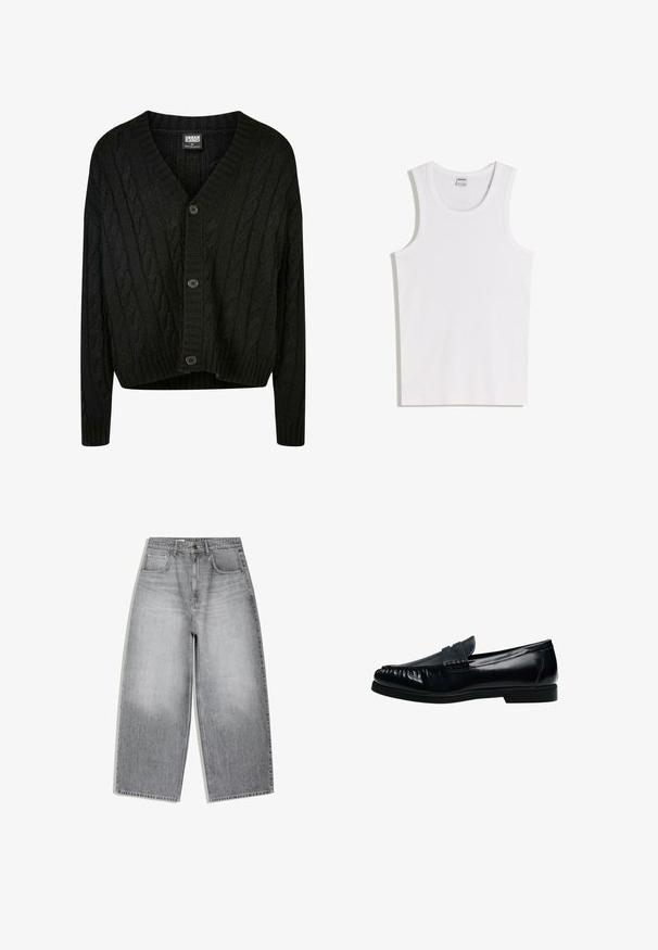 Schwarze Kabelstrick-Cardigan mit V-Ausschnitt, langen Ärmeln und fünf braunen Knöpfen auf der Vorderseite. Mit Rippdetails und einem verkürzten Saum.; Weißes Baumwoll-Tanktop mit rundem Ausschnitt und breiten Trägern. Glatte Textur, keine Muster oder Akzente, schlichtes Design.; Hoch taillierte graue Jeans aus Denim mit weitem Bein, Vordertaschen und Knopfverschluss, flach auf weißem Hintergrund präsentiert.; Schwarzer Herren-Pennyloafer aus Leder mit genähter Mokassinnaht und niedrigem Absatz, seitlich auf weißem Hintergrund dargestellt.