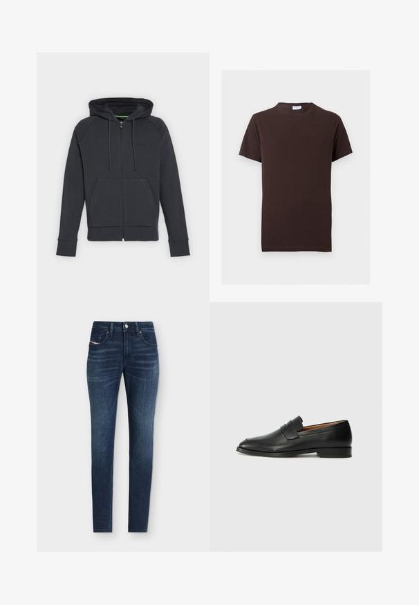 Sweat à capuche zippé noir avec poches avant, capuche à cordon de serrage et poignets et ourlet côtelés, présenté sur un fond clair uni.; T-shirt uni marron foncé à manches courtes avec col rond, coupe slim et petite étiquette blanche à l'intérieur du col.; Jean slim-fit en denim bleu foncé avec un design classique à cinq poches et des détails légèrement délavés sur les cuisses.; Mocassin en cuir noir avec un bout arrondi, des coutures subtiles et un talon bas, présentant une texture lisse et un design minimaliste.