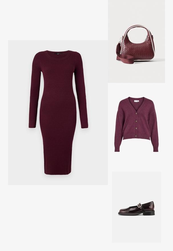 Burgunderfarvet cropped cardigans med V-udskæring, fem brune knapper og lange ærmer med ribbede manchetter og kant i blødt strikmateriale.; Vero Moda VMSILJE ONECK CABLE - Strikkjoler - winetasting; En enkelt blank mørk burgunder Mary Jane sko med bred rem og sølvspænde, lav blokhæle og rundet tå på hvid baggrund.; Mørkerød vævet lædertaske med buet hank, hvid kant, sølv lynlås og aftagelig bred stofskulderrem mod en ensfarvet baggrund.