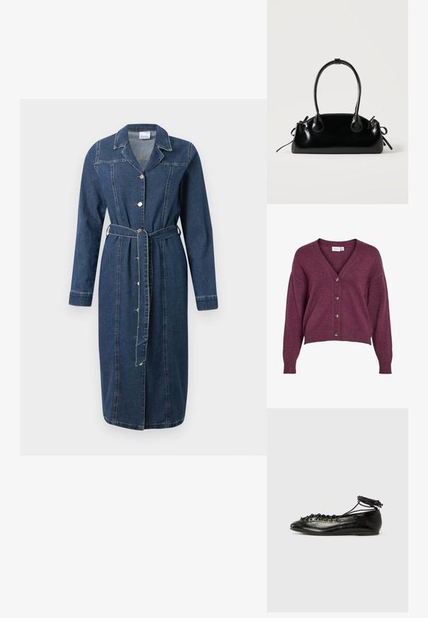 Bordeauxkleurige cropped cardigan met een V-hals, vijf bruine knopen en lange mouwen met ribgebreide manchetten en onderrand, gemaakt van zacht breiwerk.; Denim jurk in donkerblauw, met lange mouwen, een kraag, knoopsluiting en een ceintuur in de taille. Zichtbare stikdetails.; Zwarte ballerina's van lakleer met een afgeronde neus, veterdesign en een platte zool. Glad oppervlak met minimale details.; Kleine zwarte glanzende handtas met twee lange hengsels en zijkant trekkoord details op een effen lichte achtergrond.
