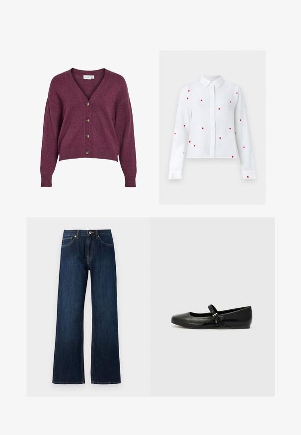 Bordeauxkleurige cropped cardigan met een V-hals, vijf bruine knopen en lange mouwen met ribgebreide manchetten en onderrand, gemaakt van zacht breiwerk.; Witte blouse met lange mouwen en knopen, met rode geborduurde hartpatronen en een puntige kraag, weergegeven tegen een neutrale achtergrond.; Wijdvallende donkerblauwe spijkerbroek van denim, met een rits, knoopsluiting en twee voorzakken met contrasterende stiksels.; Zwarte leren balletschoenen met een ronde neus, een platte zool en een dunne verstelbare band over de wreef met een metalen gesp.