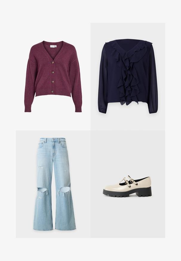 Bordeauxkleurige cropped cardigan met een V-hals, vijf bruine knopen en lange mouwen met ribgebreide manchetten en onderrand, gemaakt van zacht breiwerk.; Marineblouse met lange mouwen, gerimpelde voorkant en halslijn, gemaakt van lichtgewicht stof, met een V-hals ontwerp en een verborgen zoom.; Lichtblauwe jeans met wijde pijpen, een hoge taille en verweerde scheuren op beide knieën en een kleine scheur op de linker dij.; Beige lakleren Mary Jane schoenen met een ronde neus, dubbele bandjes met gespen, en een stevige zwarte rubberen zool.