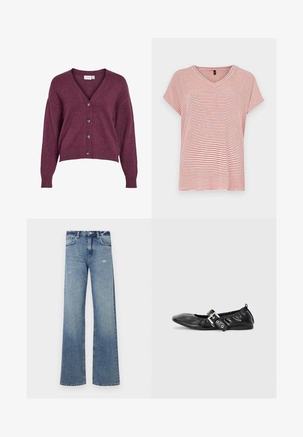 Burgunderfarvet cropped cardigans med V-udskæring, fem brune knapper og lange ærmer med ribbede manchetter og kant i blødt strikmateriale.; Rød- og hvidstribet kortærmet V-hals t-shirt med en afslappet pasform og blødt materiale. Striberne er jævnt fordelt i designet.; Lyseblå denimjeans med høj talje, vidde ben, let slid og traditionel fem-lomme struktur.; Sorte læder flade sko med spids tå, samling detaljer omkring åbningen, og en sølv spænde accent på den justerbare rem.