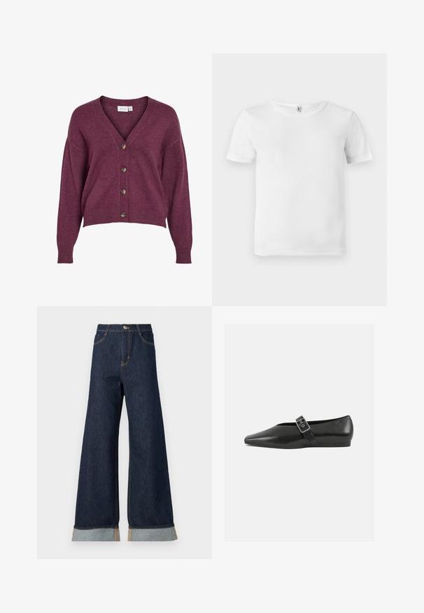 Burgunderfarvet cropped cardigans med V-udskæring, fem brune knapper og lange ærmer med ribbede manchetter og kant i blødt strikmateriale.; Hvid kortærmet t-shirt med ribbet tekstur. Klassisk crew neckline, ingen synlige logoer eller mønstre, og et simpelt, rent design.; Bredde ben mørk denim jeans med orange syninger, med høj talje, to forlommer og opbrettede manchetter, der viser et lysblåt kontraststof.; Sorte læder flade sko med spidse tæer, prydet med en metallisk spænde over vristen og en lav, fleksibel sål.