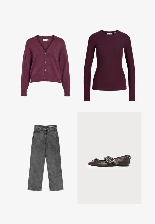Burgunderfarvet cropped cardigans med V-udskæring, fem brune knapper og lange ærmer med ribbede manchetter og kant i blødt strikmateriale.; Langærmet tætsiddende ribstrikket top i mørkelilla med rund halsudskæring uden synlige knapper eller mønstre.; Højtaljede sorte vasket lige ben jeans med forlommer, bæltestropper, knaplukning og et mærkets indre taljeband.; Mørkebrune lædersko med flad sål og spids snude, dobbelt sølvsnørrebånd, metaløjer og dekorativ sløjfe foran.