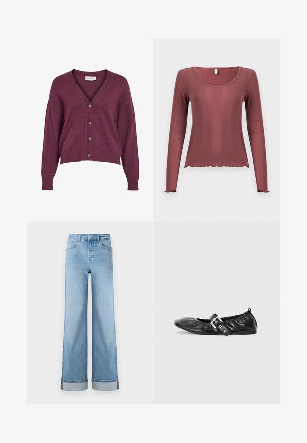 Burgunderfarvet cropped cardigans med V-udskæring, fem brune knapper og lange ærmer med ribbede manchetter og kant i blødt strikmateriale.; Langærmet top i støvet rosa med ribbet tekstur, rundudskæring, bølget kant forneden og ved manchetten, lavet af blødt strikmateriale.; Lyseblå, vide jeans i klassisk denim med høj talje, prydet med opbrettede kanter og synlig søm.; Sorte læder flade sko med spids tå, samling detaljer omkring åbningen, og en sølv spænde accent på den justerbare rem.