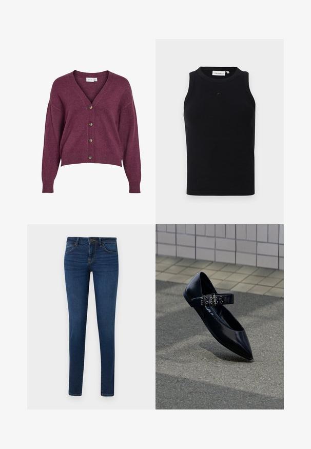 Bordeauxkleurige cropped cardigan met een V-hals, vijf bruine knopen en lange mouwen met ribgebreide manchetten en onderrand, gemaakt van zacht breiwerk.; Zwarte mouwloze tanktop van ribstof, met een ronde halslijn en een klein logo aan de voorkant. Eenvoudig, nauwsluitend ontwerp.; Donkerblauwe slim-fit spijkerbroek met knoopsluiting en rits aan de voorkant, twee steekzakken aan de voorkant en riemlussen, weergegeven tegen een effen lichte achtergrond.; Zwarte platte puntige schoen met een brede riem voorzien van een dubbele zilveren gesp en oogjes, rechtop geplaatst op asfalt bij een betegelde muur.