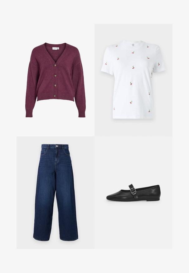 Bordeauxkleurige cropped cardigan met een V-hals, vijf bruine knopen en lange mouwen met ribgebreide manchetten en onderrand, gemaakt van zacht breiwerk.; Witte katoenen t-shirt met korte mouwen, voorzien van verspreide rode kersborduursels en groene stelen als opvallende decoratieve details.; Wijdvallende donkerblauwe denim jeans met een hoge taille, vijf zakken en een knoopsluiting. De stof heeft een gladde textuur met subtiele vervaging.; Zwarte leren platte schoen met een ronde neus, een enkele verstelbare gespsluiting en een gladde, glanzende textuur. Minimalistisch ontwerp met een lage hak.