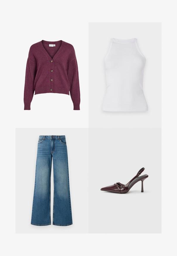 Burgunderfarvet cropped cardigans med V-udskæring, fem brune knapper og lange ærmer med ribbede manchetter og kant i blødt strikmateriale.; Hvid ribbet top med en tætsiddende design, rund halsudskæring og uden ærmer. Fremstillet af strækbart stof for komfort og bevægelsesfrihed.; Bredde ben blå denimjeans med en falmet finish, fem-lomme design og standard talje med metalknap og lynlåslukning.; Bourgogne laklæder slingback-hæl med spids tå, tynd ankelrem og lille dekorativ spænde. Glat tekstur og høj hæl.