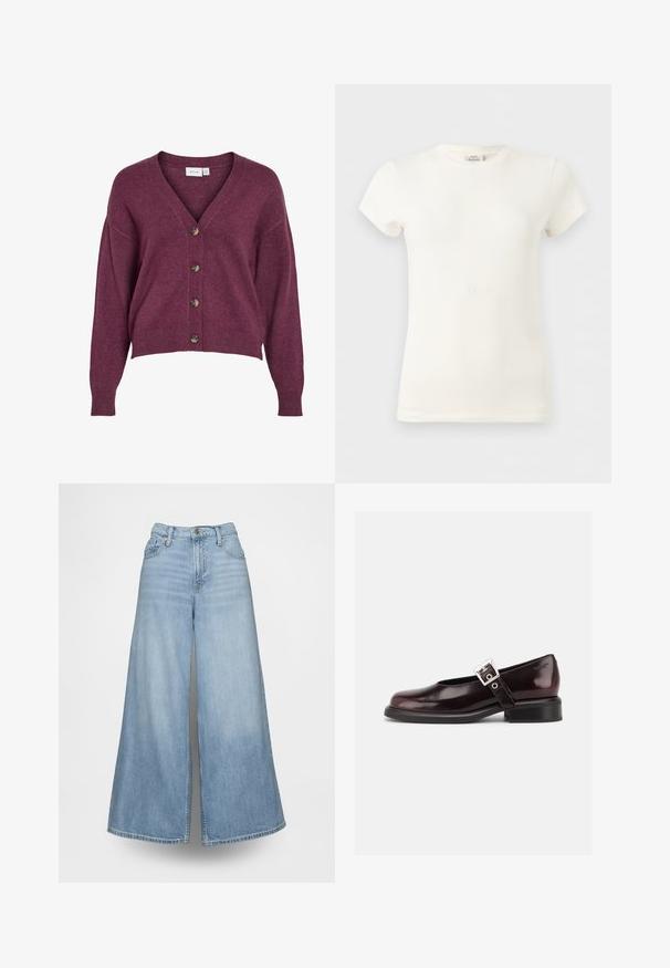 Bordeauxkleurige cropped cardigan met een V-hals, vijf bruine knopen en lange mouwen met ribgebreide manchetten en onderrand, gemaakt van zacht breiwerk.; Eenvoudig wit katoenen T-shirt met korte mouwen en ronde hals, weergegeven op een lichtgrijze achtergrond.; Lichtblauwe wijde jeans van denim, met een hoge taille, voorzakken en een knoopsluiting. De stof heeft een verweerde wassing.; Enkele glanzende donker bordeauxrode Mary Jane schoen met brede band en zilveren gesp, lage blokhak en afgeronde neus op witte achtergrond.