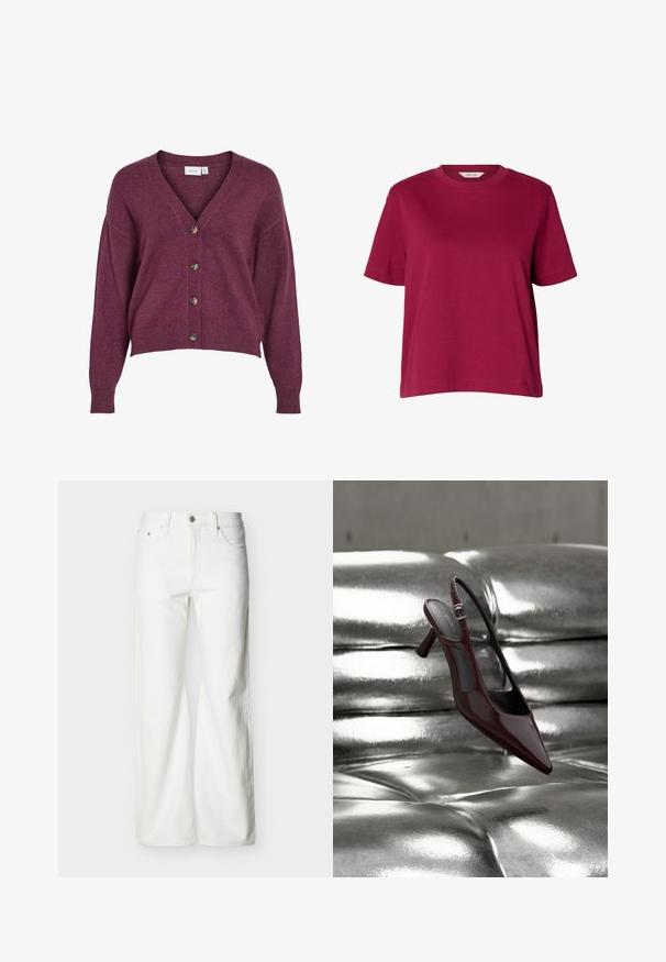 Burgunderfarvet cropped cardigans med V-udskæring, fem brune knapper og lange ærmer med ribbede manchetter og kant i blødt strikmateriale.; Ensfarvet bordeaux t-shirt med korte ærmer og rund halsudskæring, løs pasform, vist på ensfarvet hvid baggrund.; Hvide jeans med høj talje og lige ben, med forreste knap, lynlåslukning samt sidelommer og baglommer, mod en ensartet lys baggrund.; Blank mørkerød slingback højhælet sko med spids tå, vist på en skinnende sølvfarvet polstret læderoverflade.