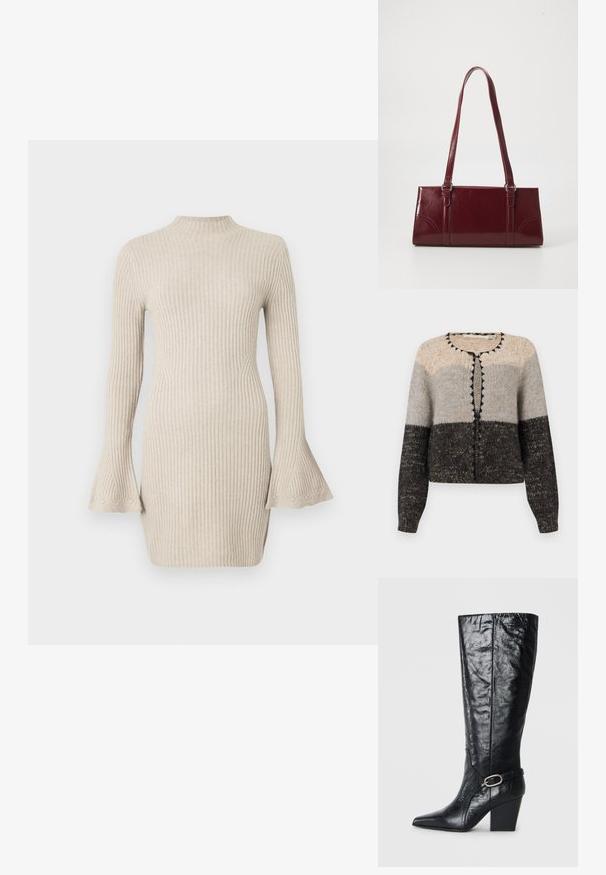 Beige, hall, ja musta värvi kuduma särk. Omab ümmargust kaelust, esimest nööbikinnitust ja kontrastset musta detaili ääres.; Valge-beezhikas soonikkoes kleit, millel on kõrge kaelus ja põlvikute servad mustriliste mansettidega, laiendatud varrukad. Keha järgnev siluett.; Mustad, läikiva nahaga põlvikud, millel on terav varvas, struktureeritud kuju ja dekoratiivne rihm hõbedase pandlaga.; Burgundia värvi käekott, mis on valmistatud läikivast materjalist, ristküliku kujuline, kahe õlapaelaga ning ees on peened kaarjad aktsendid.