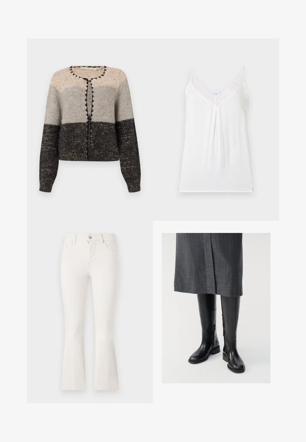 Beige, hall, ja musta värvi kuduma särk. Omab ümmargust kaelust, esimest nööbikinnitust ja kontrastset musta detaili ääres.; Valge tops, millel on pitsiline äär V-kaeluses, õhukesed reguleeritavad õlavarre rihmad ja pehme kangas, esiosas on kerge voldi detail.; Valged flare-jeans, mis on valmistatud denimist, sobiva vöökohtaga, viie tasku ja ees oleva lukuga. Sujuv tekstuur ja puhas disain.; Põlve kõrguseni ulatuvad mustad nahast saapad, millel on sujuv tekstuur, külg zipperid ja tasane tald. Saapad on varustatud struktureeritud varre ja minimaalsete metalldetailidega.