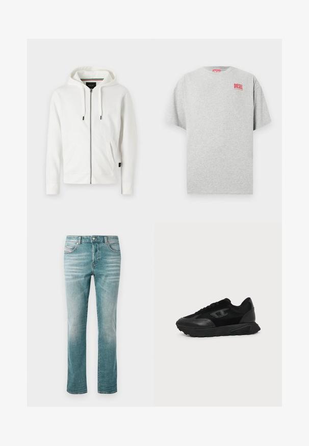 Sudadera blanca con cremallera, fabricada en un tejido suave, que cuenta con una capucha ajustable, dos bolsillos frontales y un pequeño logo en el pecho.; Camiseta de algodón gris con cuello redondo y mangas cortas. Presenta un pequeño logo rojo "DIESEL" en el pecho. Textura suave.; Jeans de denim de color azul claro con corte recto, cinco bolsillos, un ligero desgaste y un cierre de botón clásico en la cintura.; Zapatilla negra de corte bajo con suela texturizada, parte superior de malla y cuero, cierre de cordones en la parte delantera y un pequeño logo en relieve en el panel lateral.