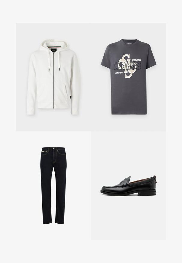 Sudadera blanca con cremallera, fabricada en un tejido suave, que cuenta con una capucha ajustable, dos bolsillos frontales y un pequeño logo en el pecho.; Camiseta de algodón gris con mangas cortas que presenta una gran impresión gráfica en negro y beige, incluyendo el texto "GUESS", "WORLDWIDE" y "SINCE 1981."; Jeans de mezclilla azul oscuro con un corte recto, costuras visibles en un color naranja contrastante y un diseño clásico de cinco bolsillos.; Mocasín de hombre de piel negra con costura moc toe, tira penny, cuello texturizado y tacón bajo apilado sobre fondo blanco.