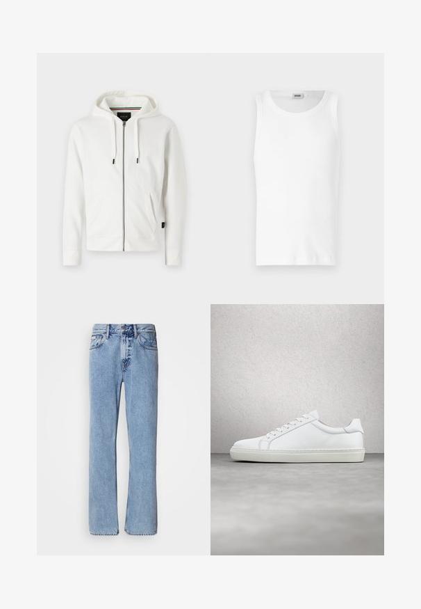 Sudadera blanca con cremallera, fabricada en un tejido suave, que cuenta con una capucha ajustable, dos bolsillos frontales y un pequeño logo en el pecho.; Camiseta sin mangas de algodón blanco con cuello redondo y una textura suave. Diseño sencillo, sin patrones ni acentos.; Jeans de mezclilla azul claro con un diseño de pierna recta, cinco bolsillos y cierre de botón. Detalles de costura cerca de los bolsillos y la cintura.; Zapatilla blanca con parte superior de cuero liso y perfil bajo. Presenta una puntera redondeada, seis ojales y una suela de goma texturizada.