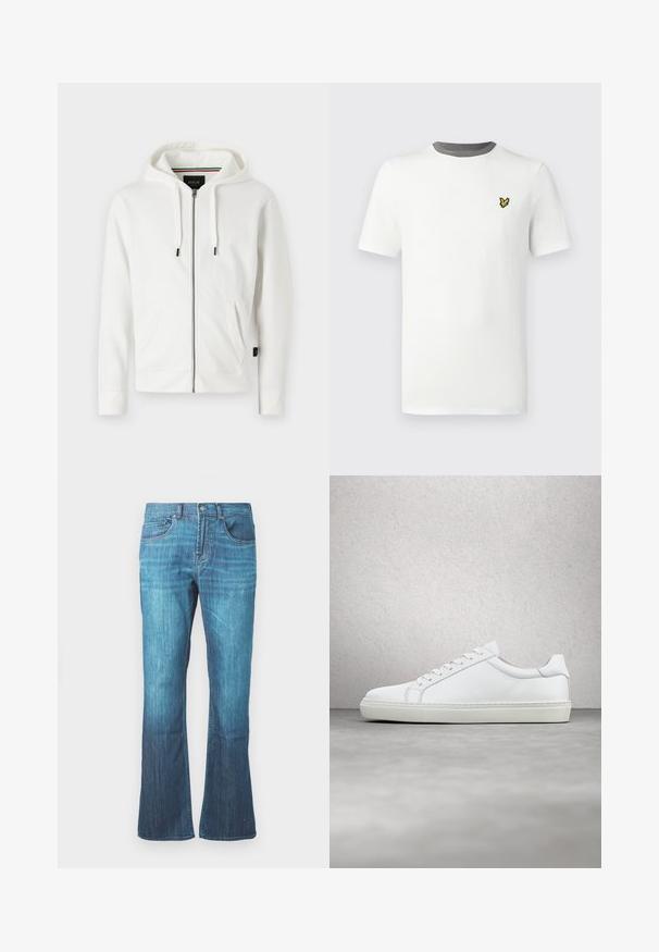 Hvid hættetrøje med lynlås lavet af blødt stof, med snøre i hætten, to forsætningslommer og et lille logo på brystet.; Hvid bomulds-T-shirt med rund hals, korte ærmer og grå halskant; har en lille gul broderet logo på brystet.; Mellemblå vask jeans i denim med let flare i bunden, klassisk fem-lomme design og frontlukning med knap og lynlås.; Hvide sneakers med en glat læderoverdel og lav profil. Har en rund tå, seks snørehuller og en tekstureret gummisål.