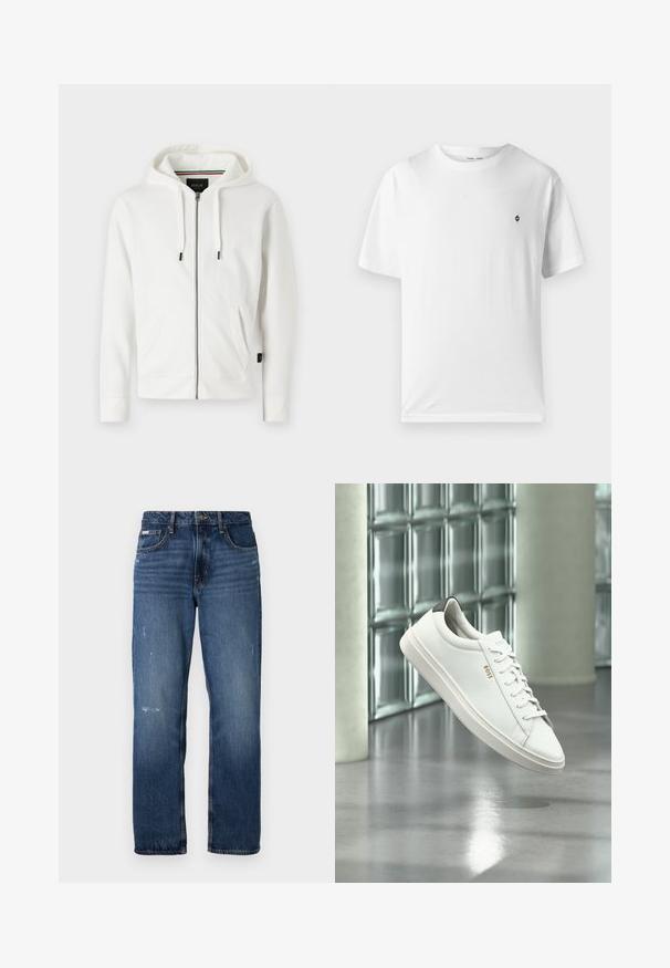 Witte zip-up hoodie gemaakt van zachte stof, met een capuchon met trekkoorden, twee voorzakken en een klein logo op de borst.; Witte katoenen t-shirt met een ronde hals, korte mouwen en een klein zwart logo op de borst. Zachte textuur, casual pasvorm.; Blauwe denim jeans met een rechte pijpdesign. Bevat vervaagde delen en lichte slijtage aan de voorkant, met een klassieke knoopsluiting.; Witte leren lage sneaker met veters, zwarte hielstrook en "BOSS"-logo, zwevend binnenshuis bij een glazen stenen muur en gepolijste vloer.