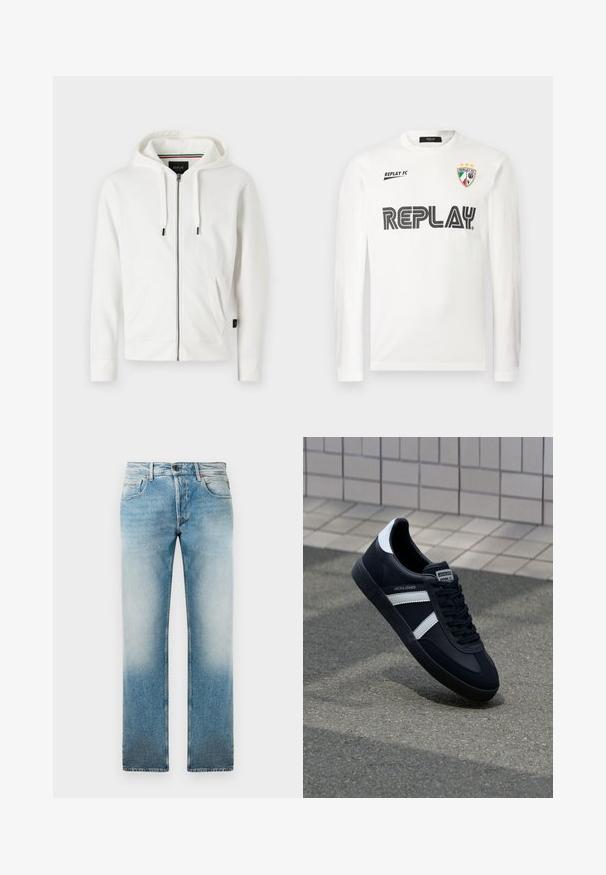 Weißer Reißverschluss-Hoodie aus weichem Stoff, mit Kapuze und Kordelzug, zwei Fronttaschen und kleinem Logo auf der Brust.; Weißes Langarmhemd mit schwarzem "REPLAY"-Schriftzug über der Brust, kleinem "REPLAY FC"-Schriftzug oben links und einem dreifarbigen Wappenemblem mit drei Sternen oben rechts.; Helle blaue Denim-Jeans mit geradem Bein, in faded Waschung, fünf Taschen und einem Knopfverschluss am Bund.; Schwarze Leder-Sneaker mit weißen Streifen, strukturiertem Gummisohle und Schnürung. Verfügt über ein Markenetikett auf der Zunge.