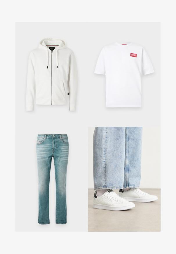 Weißer Reißverschluss-Hoodie aus weichem Stoff, mit Kapuze und Kordelzug, zwei Fronttaschen und kleinem Logo auf der Brust.; Weißes Baumwoll-T-Shirt mit kurzen Ärmeln und einem roten, rechteckigen DIESEL-Logo auf der oberen linken Brustseite. Einfaches Rundhalsausschnitt-Design.; Hellblaue Jeans aus Denim mit geradem Schnitt, fünf Taschen, dezentem Used-Look und klassischem Knopfverschluss an der Taille.; Weiße Sneaker mit einer glatten Ledertextur, schwarzen Fersenakzenten und perforierten Details. Kombiniert mit hellblauen, weiten Jeanshosen.