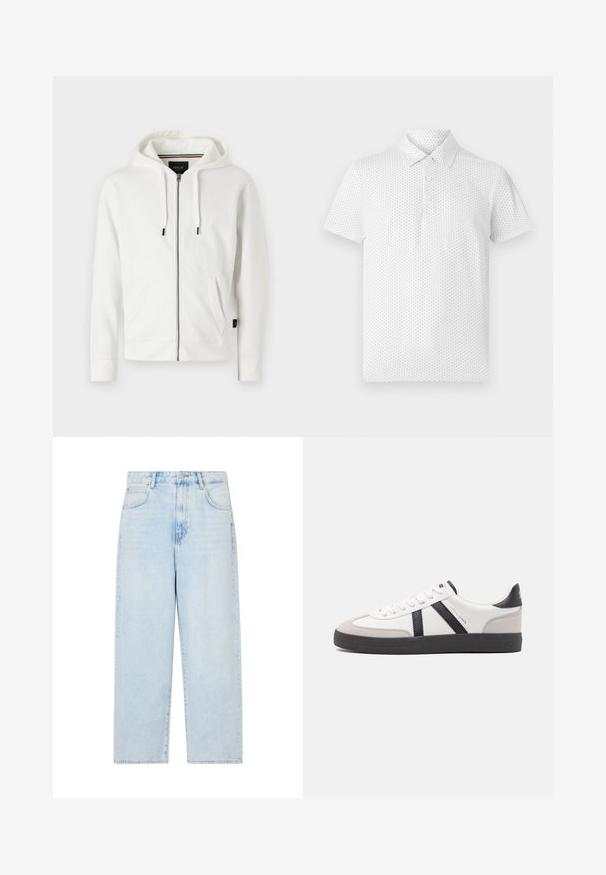 Sudadera blanca con cremallera, fabricada en un tejido suave, que cuenta con una capucha ajustable, dos bolsillos frontales y un pequeño logo en el pecho.; Polo de manga corta blanca con un pequeño patrón geométrico, tres botones en el cuello y un corte clásico. Fabricado con tejido transpirable.; Jeans de mezclilla de tiro alto en azul claro y de pierna ancha, con cinco bolsillos y cierre de botón. Textura suave con un acabado de lavado desgastado.; Zapatilla blanca con acentos en negro y gris, que presenta una puntera texturizada en gris, suela de goma negra y cordones planos blancos. Diseño limpio, estilo minimalista.