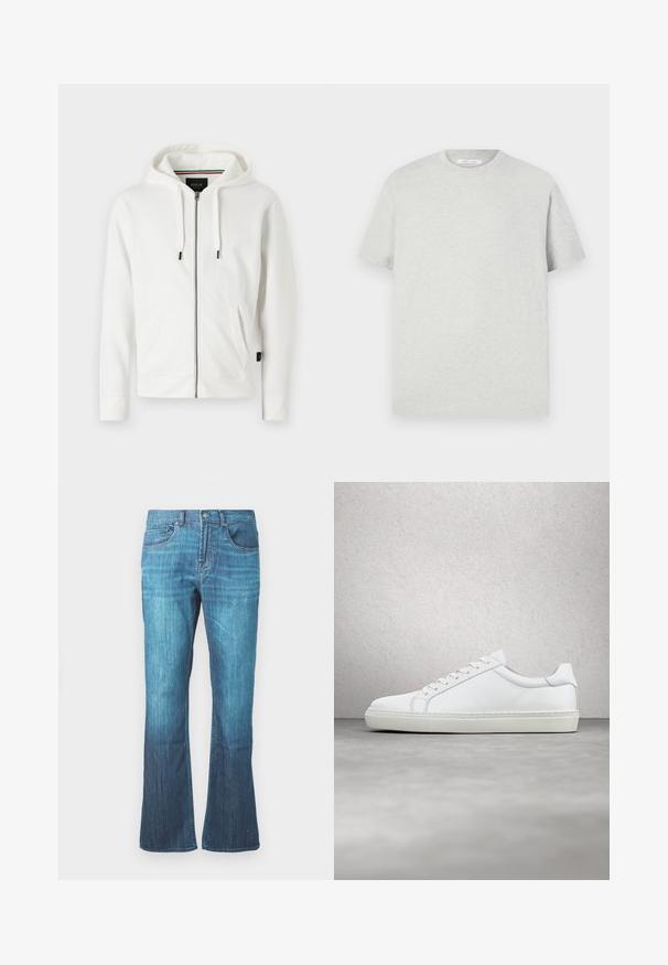 Haut à zip blanc fabriqué en tissu doux, avec une capuche à cordon de serrage, deux poches avant et un petit logo sur la poitrine.; T-shirt à manches courtes gris clair en matière douce, avec un col rond et une coupe décontractée, sans motifs ni accents visibles.; Jeans en denim lavé bleu moyen avec un léger évasement en bas, design classique à cinq poches, et fermeture à bouton et à zipper à l'avant.; Sneaker blanche avec une tige en cuir lisse et un profil bas. Présente un bout arrondi, six œillets et une semelle en caoutchouc texturé.