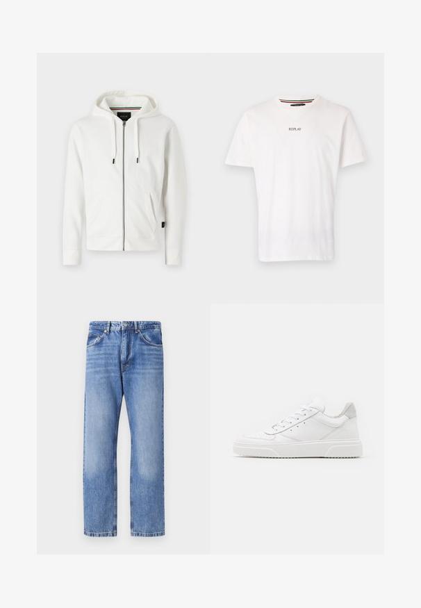 Sudadera blanca con cremallera, fabricada en un tejido suave, que cuenta con una capucha ajustable, dos bolsillos frontales y un pequeño logo en el pecho.; Camiseta de algodón blanca con diseño de cuello en V, mangas cortas y un pequeño logotipo "REPLAY" impreso en el pecho. Textura suave, corte casual.; Jeans de mezclilla azul claro con un diseño de pierna recta, cinco bolsillos, costuras en contraste y un acabado ligeramente desgastado. Cierre de botón y cremallera.; Zapatillas de cuero blanca con un acabado suave, punta redondeada, cordones planos y una suela texturada. Acento de ante gris en el talón.