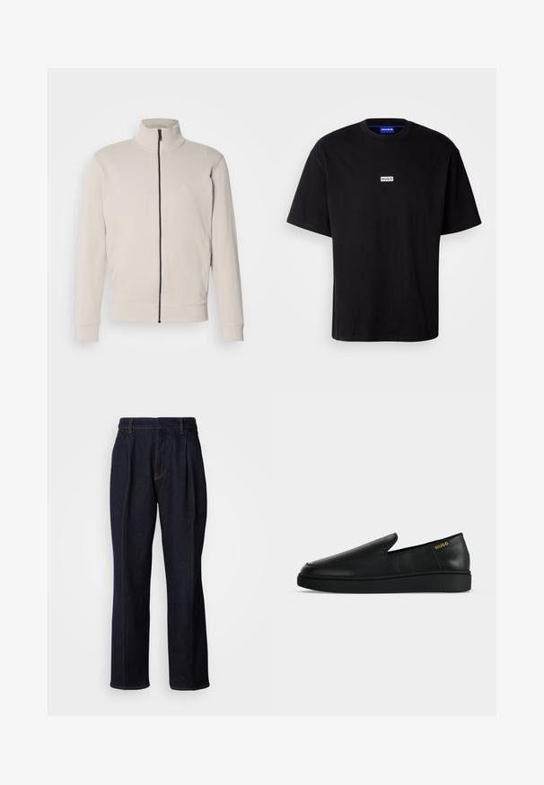 Hellebeige Zip-Jacke mit hohem Kragen, gerippten Bündchen und kleinem Logo auf der Brust. Weicher Stoff und elegantes Design.; Schwarzes Baumwoll-T-Shirt mit Rundhalsausschnitt, kurzen Ärmeln und einem weißen rechteckigen "HUGO"-Logo auf der Brust. Glatte Textur, lockere Passform.; Dunkelblaue weit geschnittene Jeans mit vorderen Falten und orangen Nähten, auf weißem Hintergrund gezeigt.; Ein einzelner schwarzer Lederschuh zum Hineinschlüpfen mit dicker Sohle und "HUGO" Branding in Gold nahe der Ferse auf einem einfarbigen hellgrauen Hintergrund.