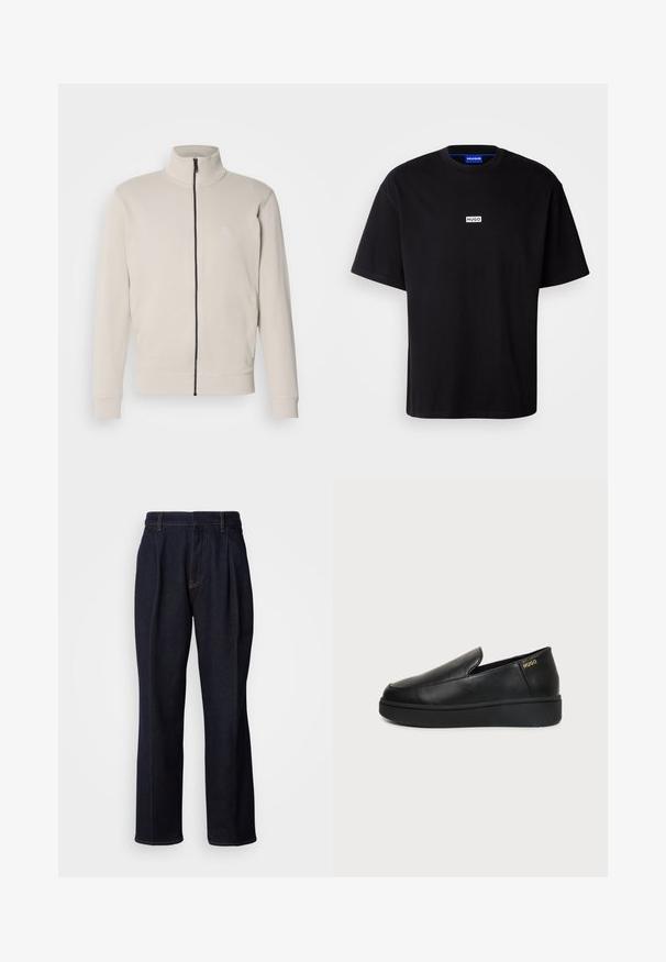 Hellebeige Zip-Jacke mit hohem Kragen, gerippten Bündchen und kleinem Logo auf der Brust. Weicher Stoff und elegantes Design.; Schwarzes Baumwoll-T-Shirt mit Rundhalsausschnitt, kurzen Ärmeln und einem weißen rechteckigen "HUGO"-Logo auf der Brust. Glatte Textur, lockere Passform.; Dunkelblaue weit geschnittene Jeans mit vorderen Falten und orangen Nähten, auf weißem Hintergrund gezeigt.; Schwarzer Lederschlupfschuh mit dicker Sohle und kleinen seitlichen Belüftungslöchern, mit goldenem "HUGO"-Logo nahe der Ferse.