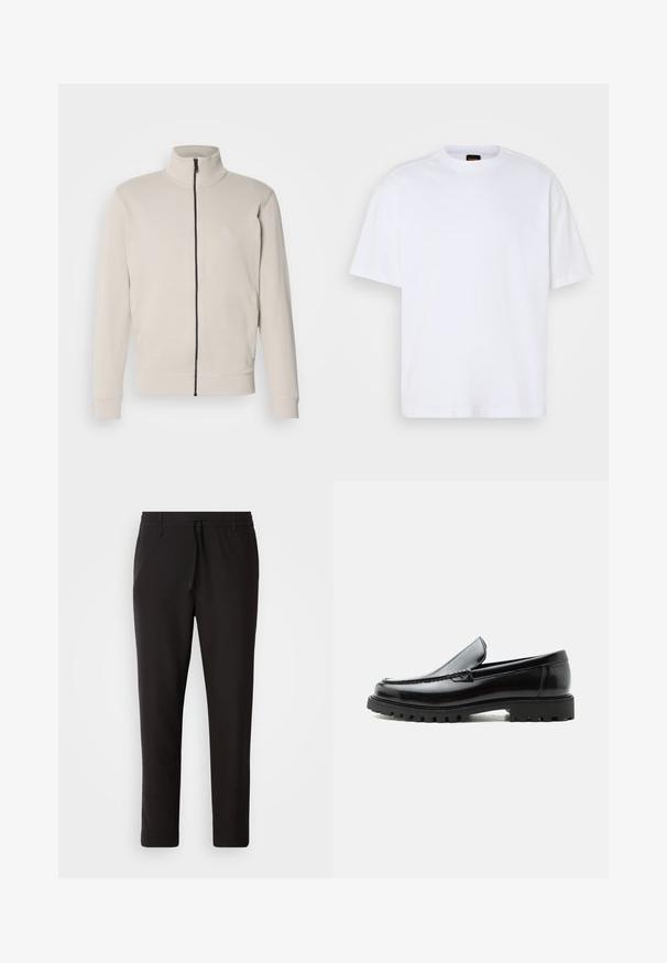 Hellebeige Zip-Jacke mit hohem Kragen, gerippten Bündchen und kleinem Logo auf der Brust. Weicher Stoff und elegantes Design.; Weißes Baumwoll-T-Shirt mit Rundhalsausschnitt, kurzen Ärmeln und lässiger Passform. Verfügt über strukturierte Schulternaht für zusätzliche Details.; Schwarze Jogginghose aus glattem Stoff. Mit einem elastischen Bund und Kordelzug, schmal zulaufenden Beinen und ohne sichtbare Taschen. Einfaches Design.; Schwarzer Lederloafer mit grober Gummisohle, genähter Oberseite und geprägtem Markennamen an der Ferse, seitlich auf weißem Hintergrund gezeigt.