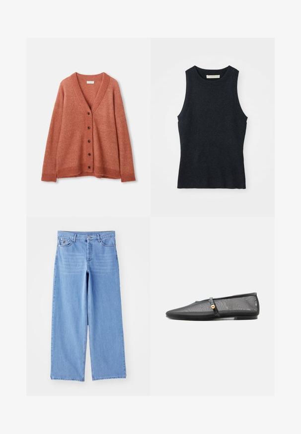 Rostrød uld cardigan med V-hals, fem mørke knapper foran, ribbede manchetter, kant og halsudskæring.; Udenærmet, mørkegrå strikket tanktop med rund hals, lagt fladt på hvid baggrund.; Lys blå brede ben jeans lavet af denim, med et klassisk fem-lomme design og en knaplukning. Glat tekstur, slidte kanter.; Sort flad sko med lav hæl, mesh-overdel og tynd rem med guldknapdetalje over fodens vrist.