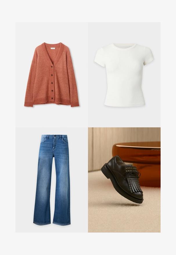 Rostrød uld cardigan med V-hals, fem mørke knapper foran, ribbede manchetter, kant og halsudskæring.; Kort hvid ribbet t-shirt med korte ærmer og rund halsudskæring på ensfarvet baggrund.; Blå vidde jeans med forlommer og knaplukning, vist på en ensfarvet lys baggrund.; Sort læder snøresko med dekorativ frynse og metalnitter placeret på beige tæppe nær brunt møbel.