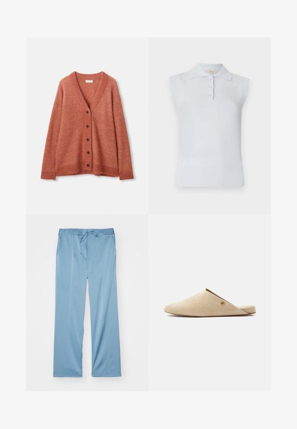 Rostrød uld cardigan med V-hals, fem mørke knapper foran, ribbede manchetter, kant og halsudskæring.; Lyseblå ærmeløs polo med traditionel krave, tre-knaps placket og ribbet kant. Fremstillet af et glat, blødt stof.; Lyseblå, vide bukser lavet af blødt stof. Har en elastisk talje med justerbar snor og sidelommer.; Beige slip-on flad mule med spids tå og lille rund guld logo detalje på siden, på en ensartet hvid baggrund.