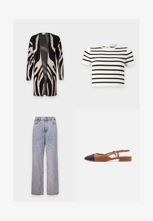 Lang jack van zacht materiaal, met een zwart en beige zebrapatroon. Ontwerp met open voorkant, lange mouwen en een relaxte pasvorm.; Witte cropped top met korte mouwen, horizontale zwarte strepen en een ronde hals.; Lichtblauwe denim jeans met een relaxte, rechte snit, voorzien van een hoge taille, vijf-pocket ontwerp en bronzen knoopbevestiging.; Steve Madden BELINDA - Slingback ballerina´s - brown/black