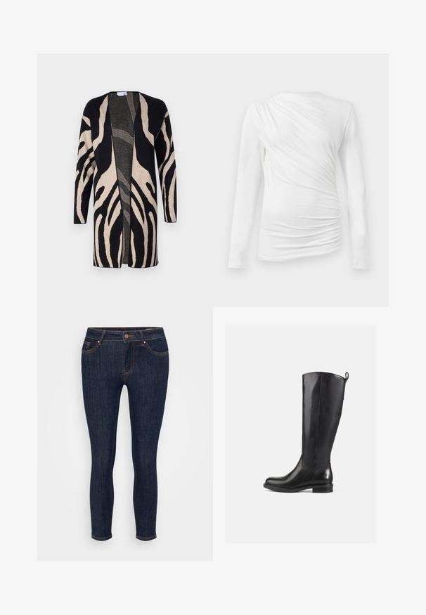 Lang jack van zacht materiaal, met een zwart en beige zebrapatroon. Ontwerp met open voorkant, lange mouwen en een relaxte pasvorm.; Witte langemouwen top gemaakt van een gladde, rekbare stof; heeft geplooide zijkantdetails en een ronde halslijn.; Donkere blauwe denim skinny jeans met oranje stiksels, ritssluiting, vijf zakken en een nauwsluitend ontwerp. Soepele textuur en standaard binnenbeenlengte.; Kniehoge zwarte leren laarzen met een gladde afwerking, ronde neus, lage hak en een trekkoord aan de achterkant. Minimalistisch ontwerp zonder zichtbare patronen.