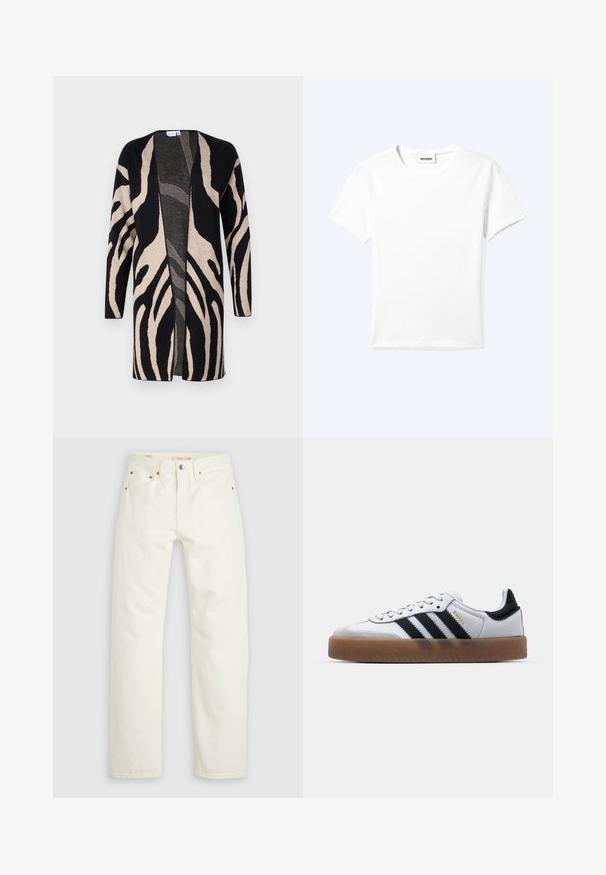 Lang jack van zacht materiaal, met een zwart en beige zebrapatroon. Ontwerp met open voorkant, lange mouwen en een relaxte pasvorm.; Effen wit T-shirt met korte mouwen en ronde hals met een klein "WEEKDAY" label aan de binnenkant van de hals, plat neergelegd op een lichte achtergrond.; Witte denim spijkerbroek met rechte pijpen, knoop- en ritssluiting, voor- en achterzakken en koperen klinknagelaccenten.; Witte leren sneakers met zwarte strepen, gumrubberen buitenzool, ronde neus, vetersluiting en een zachte grijze suède neuskap.