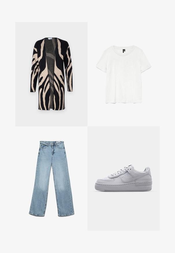 Langer Cardigan aus weichem Stoff mit einem schwarz-beigen Zebra-Muster. Offene Vorderseite, lange Ärmel und eine lockere Passform.; Weißes T-Shirt mit kurzen Ärmeln und rundem Ausschnitt, hergestellt aus leichtem Stoff. Schlichtes Design, glatte Textur und gerader Saum.; Hellblaue, hoch taillierte Jeans mit weitem Bein, Knopf- und Reißverschluss, Vorder- und Gesäßtaschen sowie Gürtelschlaufen.; Graue Nike Air Force 1 Sneaker mit perforierter Zehenpartie, Obermaterial aus glattem Leder, dicker Sohle und geprägtem 'AIR'-Detail an der Ferse.