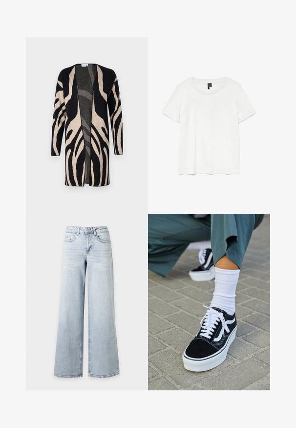 Lang jack van zacht materiaal, met een zwart en beige zebrapatroon. Ontwerp met open voorkant, lange mouwen en een relaxte pasvorm.; Witte t-shirt met korte mouwen en een ronde hals, gemaakt van lichte stof. Eenvoudig ontwerp, gladde textuur en rechte zoom.; Lichtblauwe, hoge taille, wijde jeans met knoop- en ritssluiting, voor- en achterzakken, afgebeeld op een effen witte achtergrond.; Zwarte suède sneaker met witte accenten en veters, uitgerust met een dikke witte zool en contrasterende stiksels, gecombineerd met een witte sok.