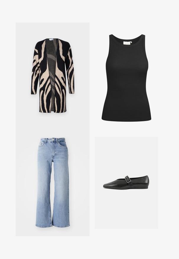Langer Cardigan aus weichem Stoff mit einem schwarz-beigen Zebra-Muster. Offene Vorderseite, lange Ärmel und eine lockere Passform.; Schwarzes Tanktop aus Rippstoff mit Rundhalsausschnitt und figurbetonter Passform. Flache Nähte und keine Verzierungen. Einfaches und elegantes Design.; Himmelblaue hochtaillierte Schlagjeans mit vorderen und hinteren Taschen, Knopfverschluss und dezentem Verblassen an den Oberschenkeln und Säumen.; Schwarze Lederflachschuhe mit spitzem Zehenbereich, ausgestattet mit einem metallischen Riemen über dem Spann und einer niedrigen, flexiblen Sohle.