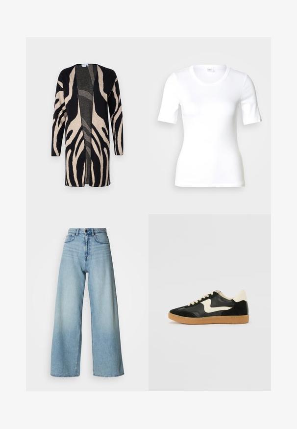 Lang jack van zacht materiaal, met een zwart en beige zebrapatroon. Ontwerp met open voorkant, lange mouwen en een relaxte pasvorm.; Wit T-shirt met korte mouwen van glad katoen, met een ronde halslijn en een aangesloten pasvorm. Klassiek ontwerp, zonder patronen of accenten.; Lichtblauwe, hooggetailleerde wijde jeans van denim, met een ontwerp van vijf zakken en subtiele vervaging voor textuur.; Zwarte suède en leren sneaker met een crèmekleurige zij-swoosh en lichte crèmekleurige hiel. Voorzien van beige veters en een gumrubberen zool.
